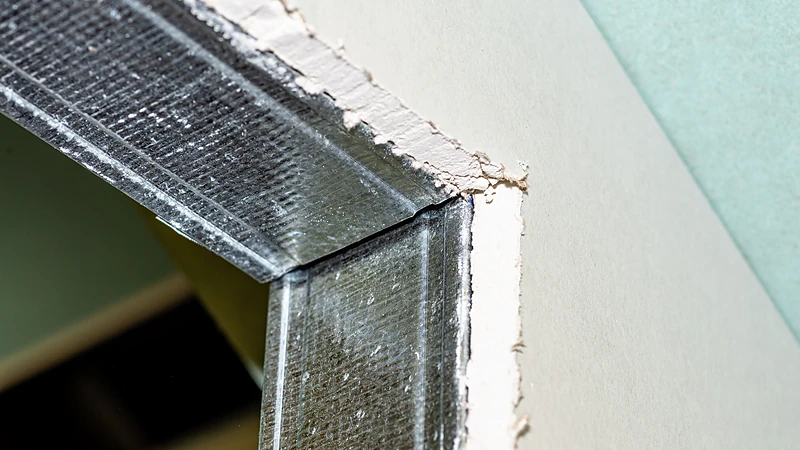 Metal corner bead set on a board edge for a crisp outside corner