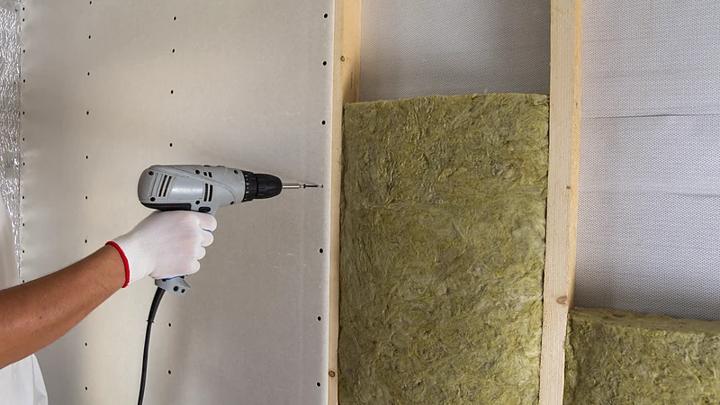 Mineral wool insulation between studs as drywall is fastened over it