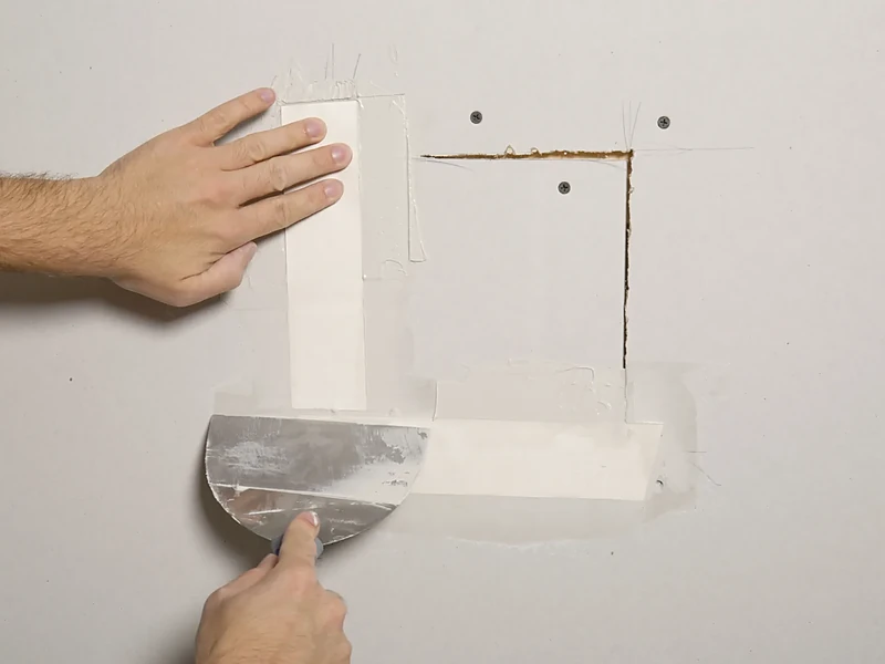Feathering joint compound over a rebuilt drywall patch after water-damaged board was cut out